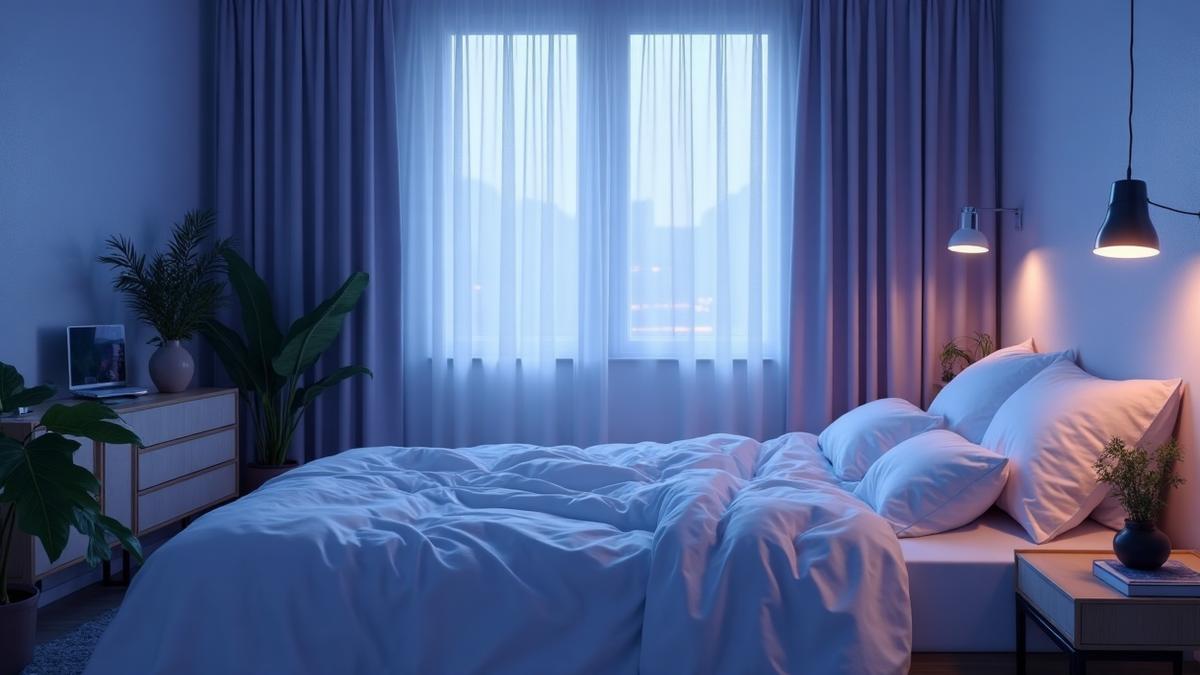 Peaceful dark bedroom optimized for sleep