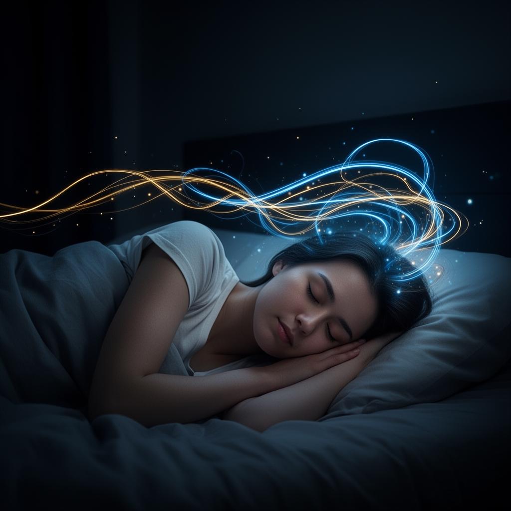 Sleeping person with glowing abstract light trails symbolizing intense REM brain activity