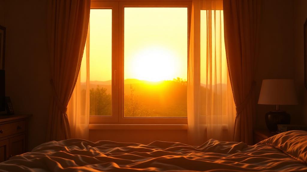 Sunrise through bedroom window with warm golden morning light