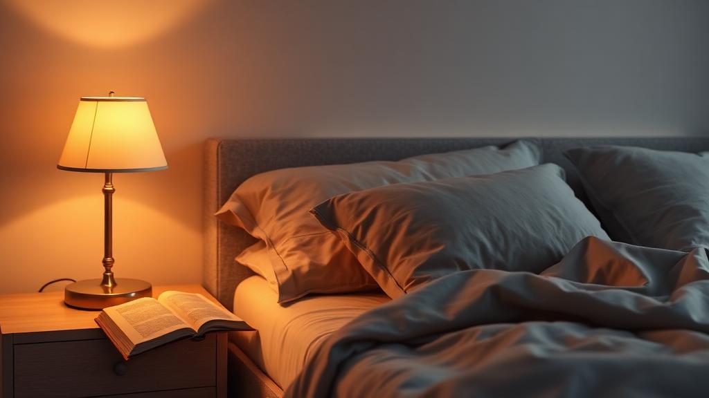 Calm evening bedroom scene with warm lamp light and book on nightstand